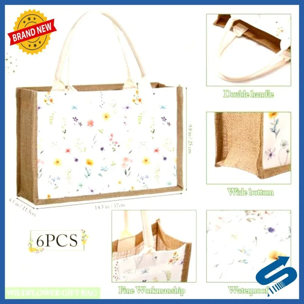 Large Floral Burlap Tote Bags Reusable Grocery Shopping Party Gift Set